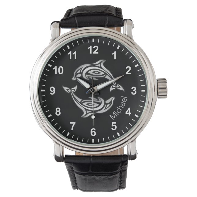 Reloj De Pulsera Delfines plateados Monograma Marítimo Negro (Anverso)