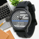 Reloj De Pulsera Delgado regalo de la Línea Azul - Bandera estadoun<br><div class="desc">Thin Blue Line Police Watch - Diseño de la bandera estadounidense con colores de la bandera de la policía,  diseño angustiado. Un regalo encantador para tu oficial de policía favorito. Personaliza con el nombre. DERECHOS RESERVADOS © 2020 Judy Burrows,  Black Dog Art - Todos los derechos reservados.</div>