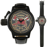 Reloj De Pulsera Departamento de bomberos y bomberos personalizados<br><div class="desc">Diseño del Departamento de Bomberos de NOMBRE del bombero - Emblema con casco rojo y hacha. Personalizar con su nombre,  número de estación/departamento y ubicación.</div>