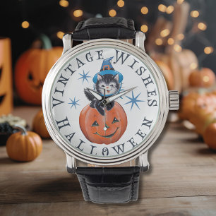 Reloj De Pulsera Deseos de Halloween del Gato de Calabaza Retro Vin