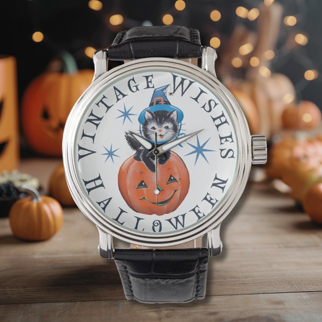 Reloj De Pulsera Deseos de Halloween del Gato de Calabaza Retro Vin (Retro Vintage Pumpkin Cat Halloween Wishes Watch)