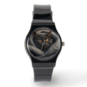 Reloj De Pulsera Desnudo gato negro y manta