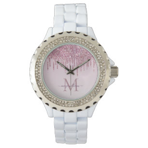 Reloj De Pulsera Destellos de Rosa Gotea Monograma Personalizado y