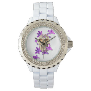 Reloj De Pulsera Día de la Calavera Muerta con violetas y mariposas