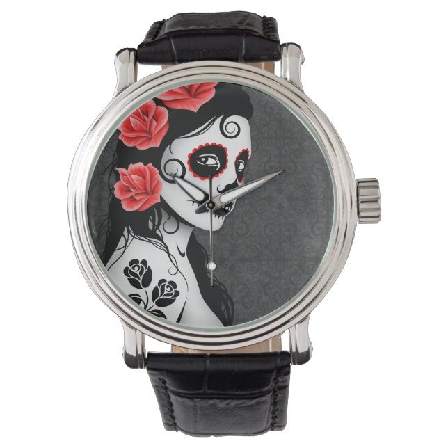 Reloj De Pulsera Día del Chica del cráneo de azúcar muerto - Gris (Anverso)