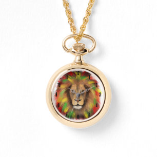 Reloj De Pulsera Dibujo de cabeza de león Rasta rojo amarillo verde