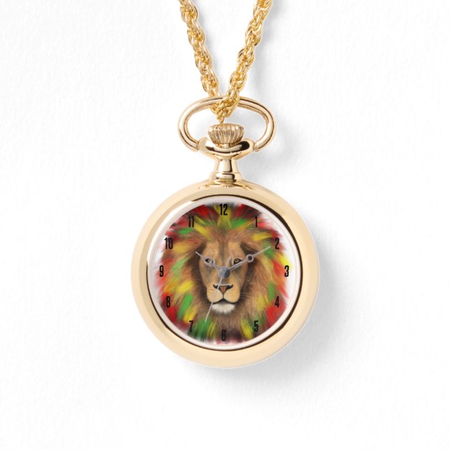 Reloj De Pulsera Dibujo de cabeza de león Rasta rojo amarillo verde (Anverso)
