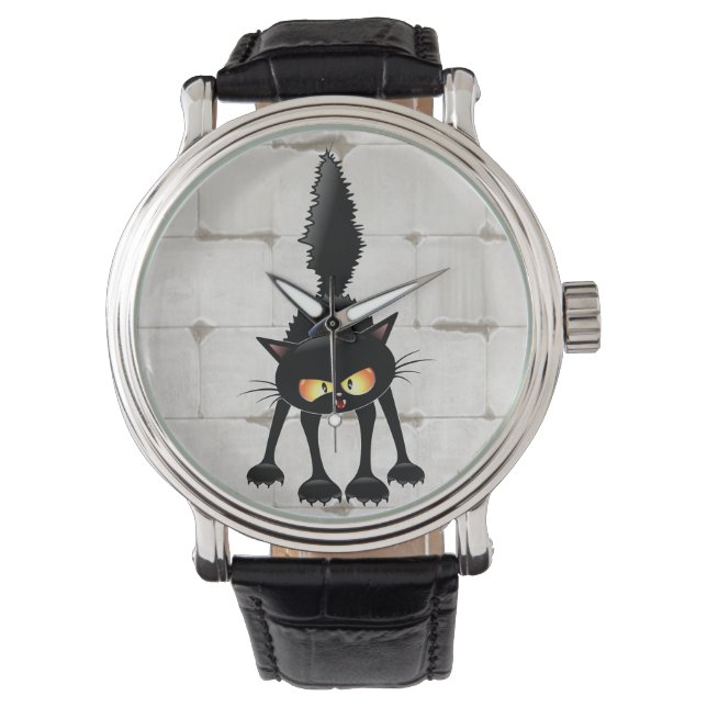 Reloj De Pulsera Dibujo de Gato Negro Divertido y Feroz  (Anverso)