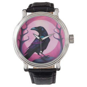 Reloj De Pulsera Dibujo de un cuervo sobre fondo rosado neón