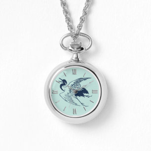Reloj De Pulsera Dibujo japonés vintage de una grúa azul