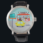 Reloj De Pulsera Diner Watch de los años 50<br><div class="desc">Sirva algo especial con este Diner Watch de los años 50. El diseño de los dibujos personalizados incluye un edificio de ladrillo rojo con ventanas azules, puertas dobles grises y un cartel blanco que dice "Diner" colgado en el techo. En el estacionamiento, hay una segunda señal en un poste. El...</div>