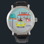 Reloj De Pulsera Diner Watch de los años 50<br><div class="desc">Sirva algo especial con este Diner Watch de los años 50. El diseño de los dibujos personalizados incluye un edificio de ladrillo rojo con ventanas azules, puertas dobles grises y un cartel blanco que dice "Diner" colgado en el techo. En el estacionamiento, hay una segunda señal en un poste. El...</div>