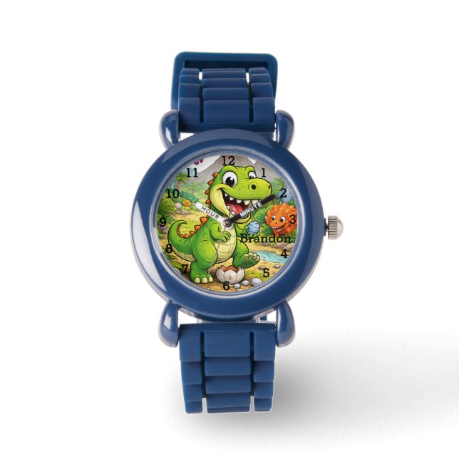 Reloj De Pulsera Dinosaur Boy Modern Green Trex Custom Name Kids (Anverso)
