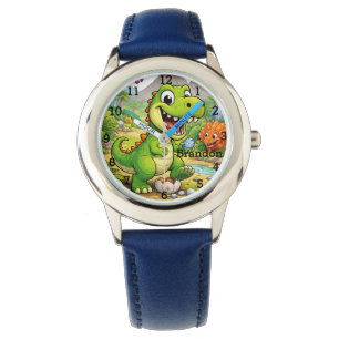 Reloj De Pulsera Dinosaur Boy Modern Green Trex Nombre Personalizad