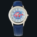 Reloj De Pulsera Dinosaurio de color rojo para niños y niños con no<br><div class="desc">Este lindo diseño de reloj infantil presenta un dinosaurio de color rojo pintado a mano con un fondo azul,  y puede ser personalizado con el nombre de tu hijo. Perfecto para el primer reloj de cualquier niño amante de los dinosaurios. Mira nuestra tienda para otros diseños magníficos!</div>