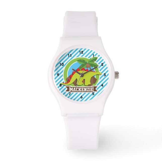 Reloj De Pulsera Dinosaurio Estegosaurio Verde y Rojo; Azul y Blanc (Anverso)
