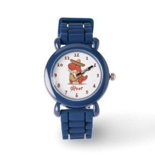 Reloj De Pulsera Dinosaurio Rojo de Fiesta con Sombrero y Guitarra