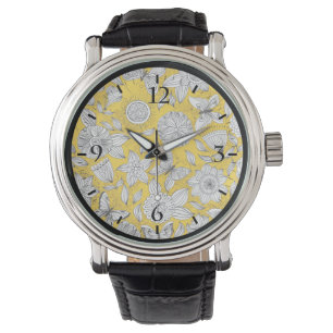 Reloj De Pulsera Diseño abstracto floral amarillo blanco
