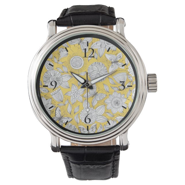 Reloj De Pulsera Diseño abstracto floral amarillo blanco (Anverso)