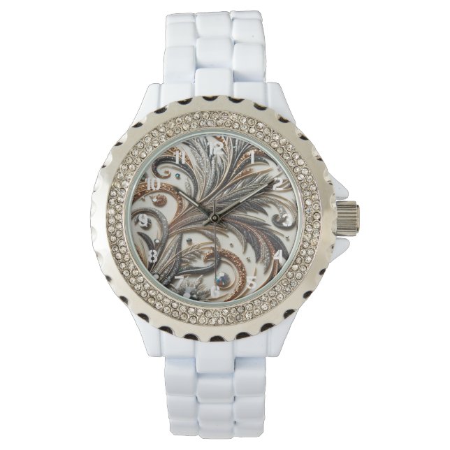 Reloj De Pulsera Diseño barroco glamuroso con piedras de Purpurina  (Anverso)