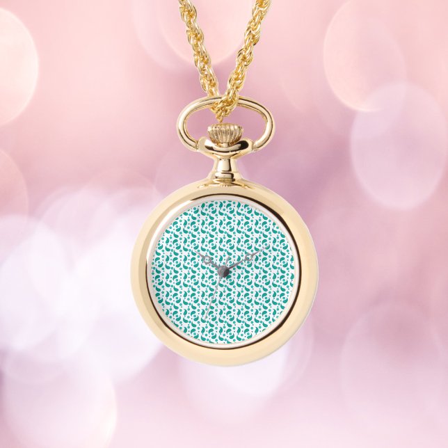 Reloj De Pulsera Diseño boho floral de paisley verde azul (A watch necklace featuring a paisley boho floral pattern in teal blue and green.)