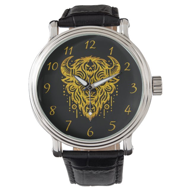 Reloj De Pulsera Diseño De Bisonte Intrincado Con Elementos Tribale (Anverso)