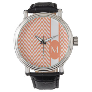 Reloj De Pulsera Diseño de Chevron elegante de coral con monograma