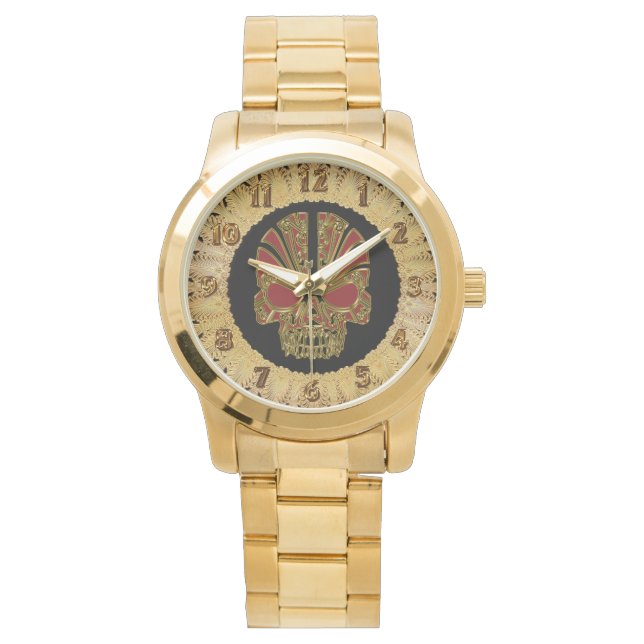 Reloj De Pulsera Diseño de cráneo de cráneo de azúcar rojo y oro (Anverso)
