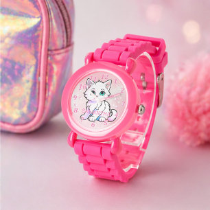 Reloj De Pulsera Diseño de Gatito Divertido Rosa para Niños