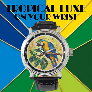 Reloj De Pulsera Diseño de hojas tropicales y loro guacamayo vibran