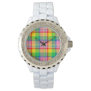 Reloj De Pulsera Diseño de la placa de tartán amarillo verde rosa