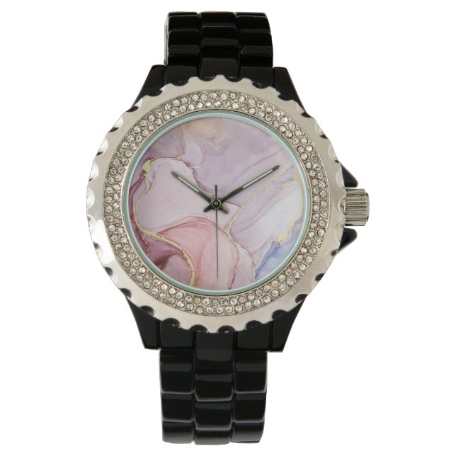 RELOJ DE PULSERA DISEÑO DE MÁRMOL DE LÍLAC PINO BLACK SPARKLE WATCH (Anverso)