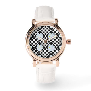 Reloj De Pulsera Diseño De Pansy Blanco Y Negro,