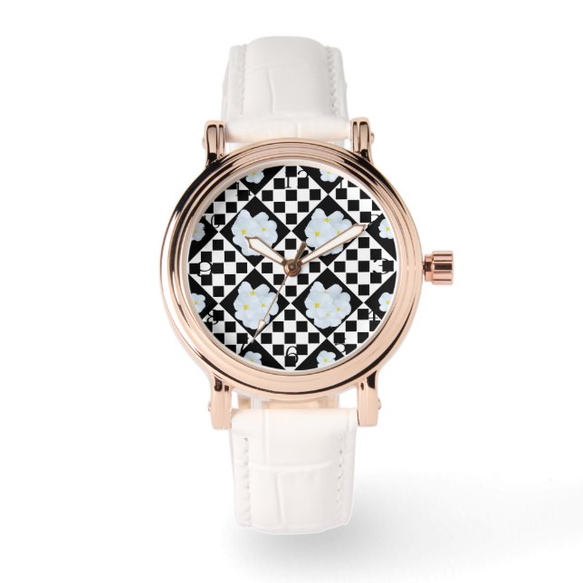 Reloj De Pulsera Diseño De Pansy Blanco Y Negro, (Anverso)