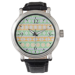 Reloj De Pulsera Diseño de patrones étnicos verdes naranjas