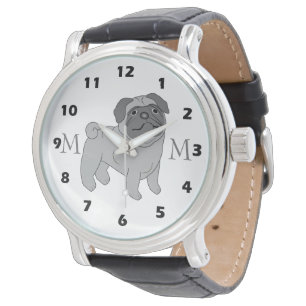 Reloj De Pulsera Diseño de perro de pug gris monogramado