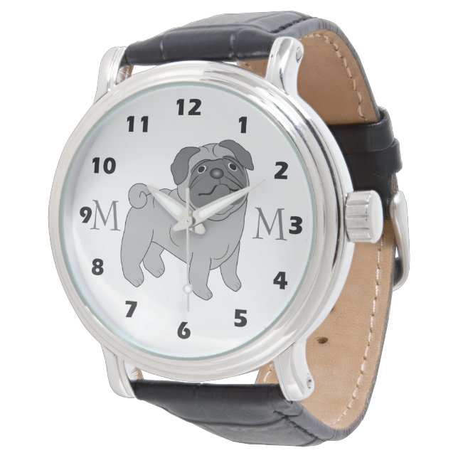 Reloj De Pulsera Diseño de perro de pug gris monogramado (Angular)