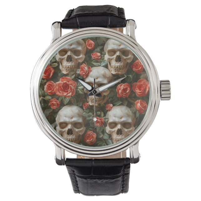 Reloj De Pulsera Diseño de rosas y cráneos (Anverso)