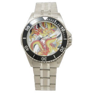 Reloj De Pulsera Diseño de tatuaje japonés de dragón amarillo