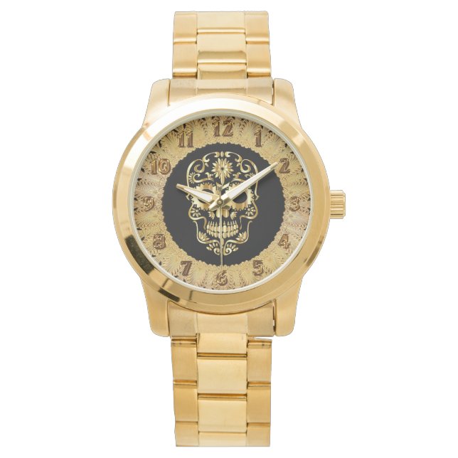 Reloj De Pulsera Diseño del cráneo de azúcar de grúas de oro (Anverso)