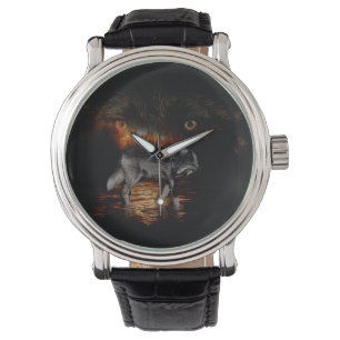 Reloj De Pulsera Diseño del lobo gris y el fuego salvaje