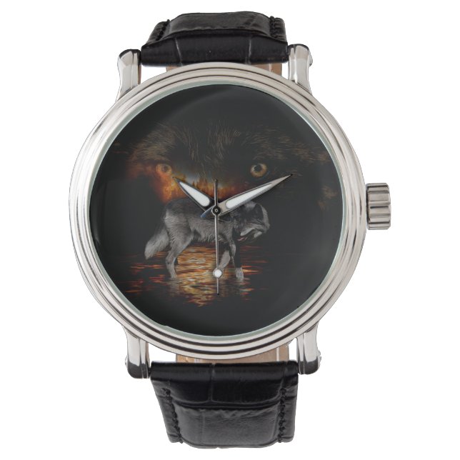 Reloj De Pulsera Diseño del lobo gris y el fuego salvaje (Anverso)