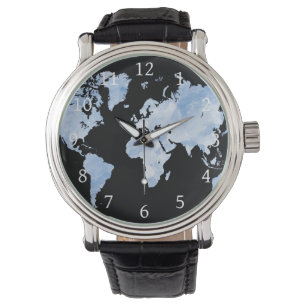 Reloj De Pulsera Diseño del mapa azul del mundo negro 75