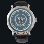 Reloj De Pulsera Diseño del monograma<br><div class="desc">Diseño monograma con decoración de plumas laurel en forma redondeada a rayas sobre fondo azul</div>