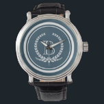 Reloj De Pulsera Diseño del monograma<br><div class="desc">Diseño monograma con decoración de plumas laurel en forma redondeada a rayas sobre fondo azul</div>
