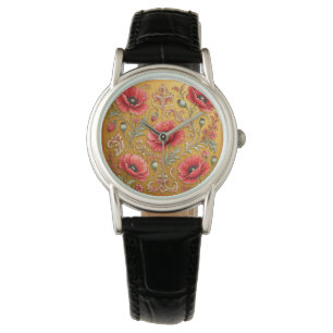 Reloj De Pulsera Diseño dorado de amapola fleur