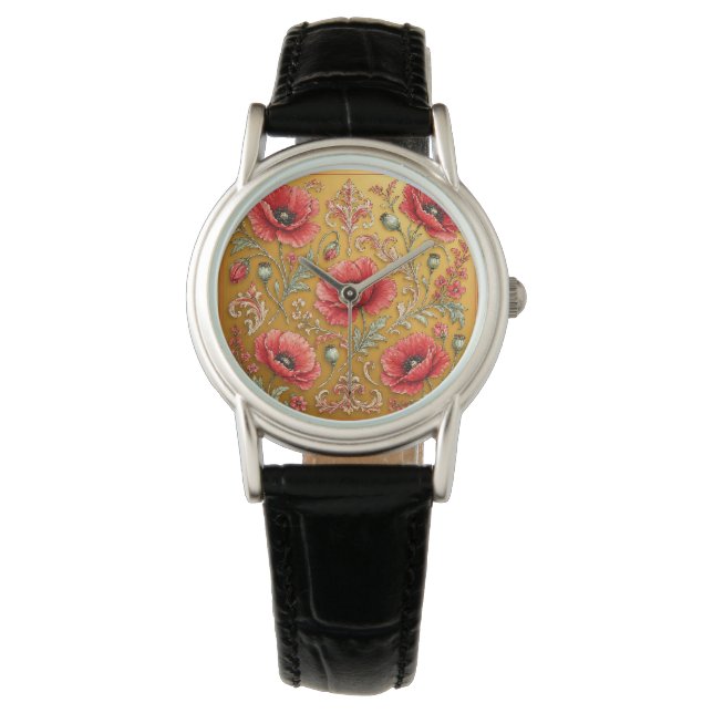 Reloj De Pulsera Diseño dorado de amapola fleur (Anverso)