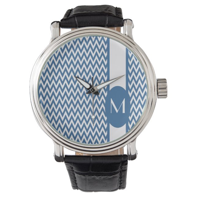 Reloj De Pulsera Diseño elegante de Azure Chevron con monograma (Anverso)