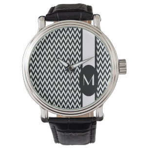 Reloj De Pulsera Diseño elegante de cheurón negro con monograma