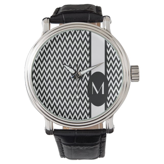 Reloj De Pulsera Diseño elegante de cheurón negro con monograma (Anverso)